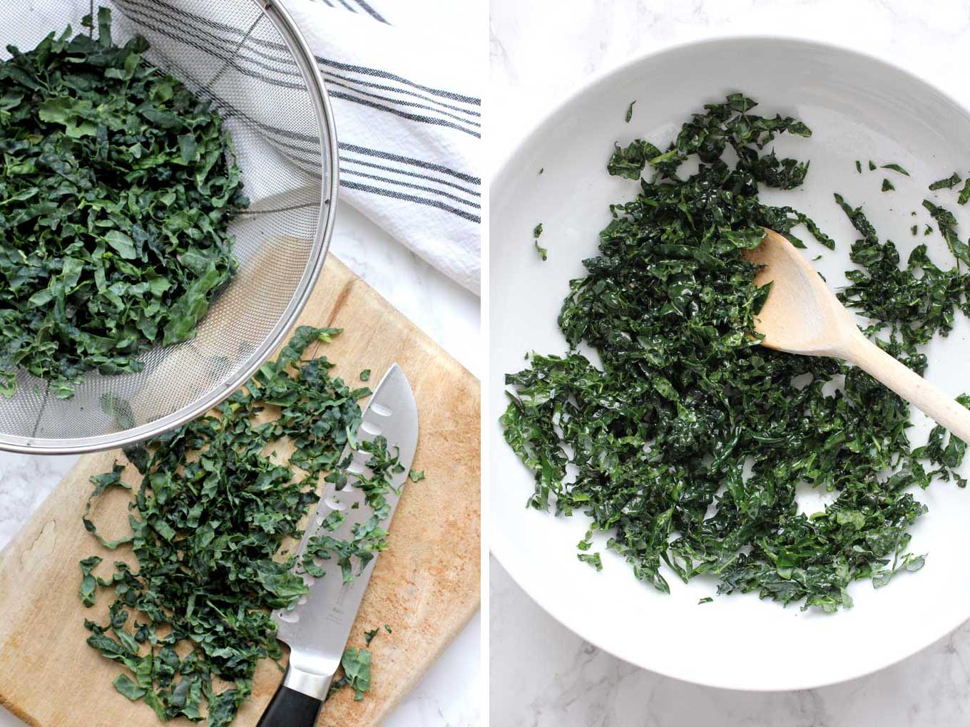 Side by side shot of kale being chopped and kale tossed in white bowl.