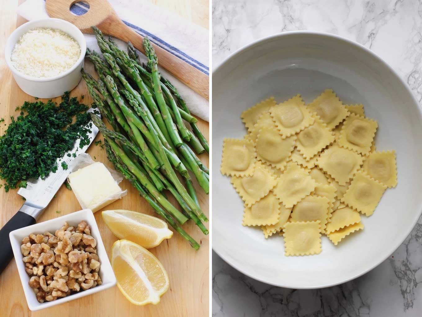 Side by side of ingredients to make ravioli with sauteed asparagus with walnuts.