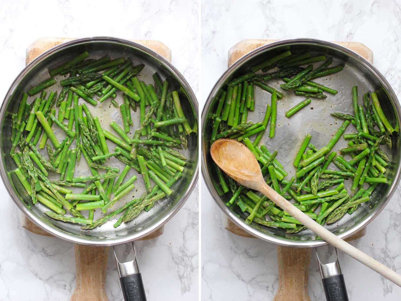 Side by side photo of asparagus being cooked in a saute pan.