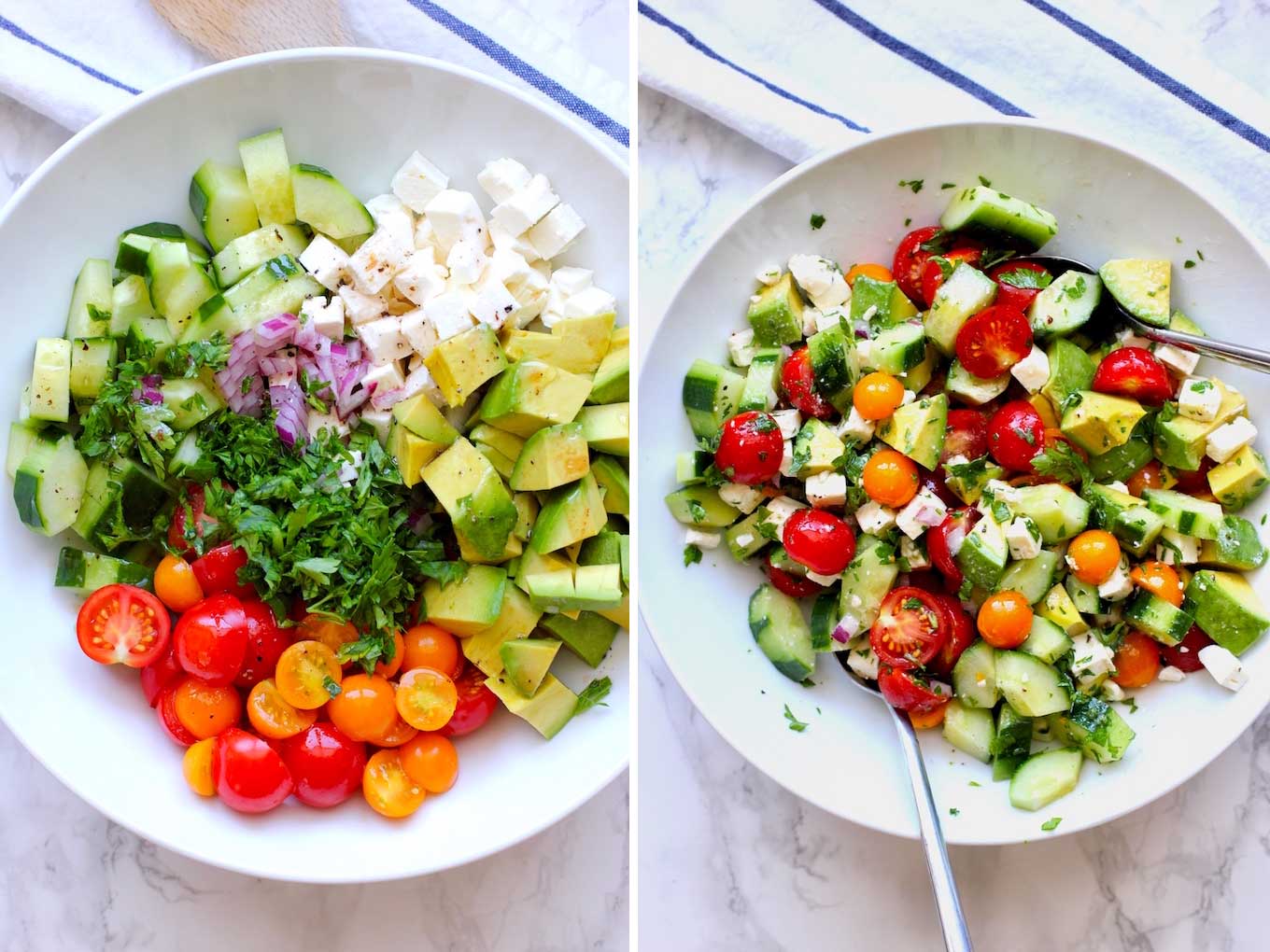 Two white bowls with tomatoes, avocados, cucumbers in a side by side shot.