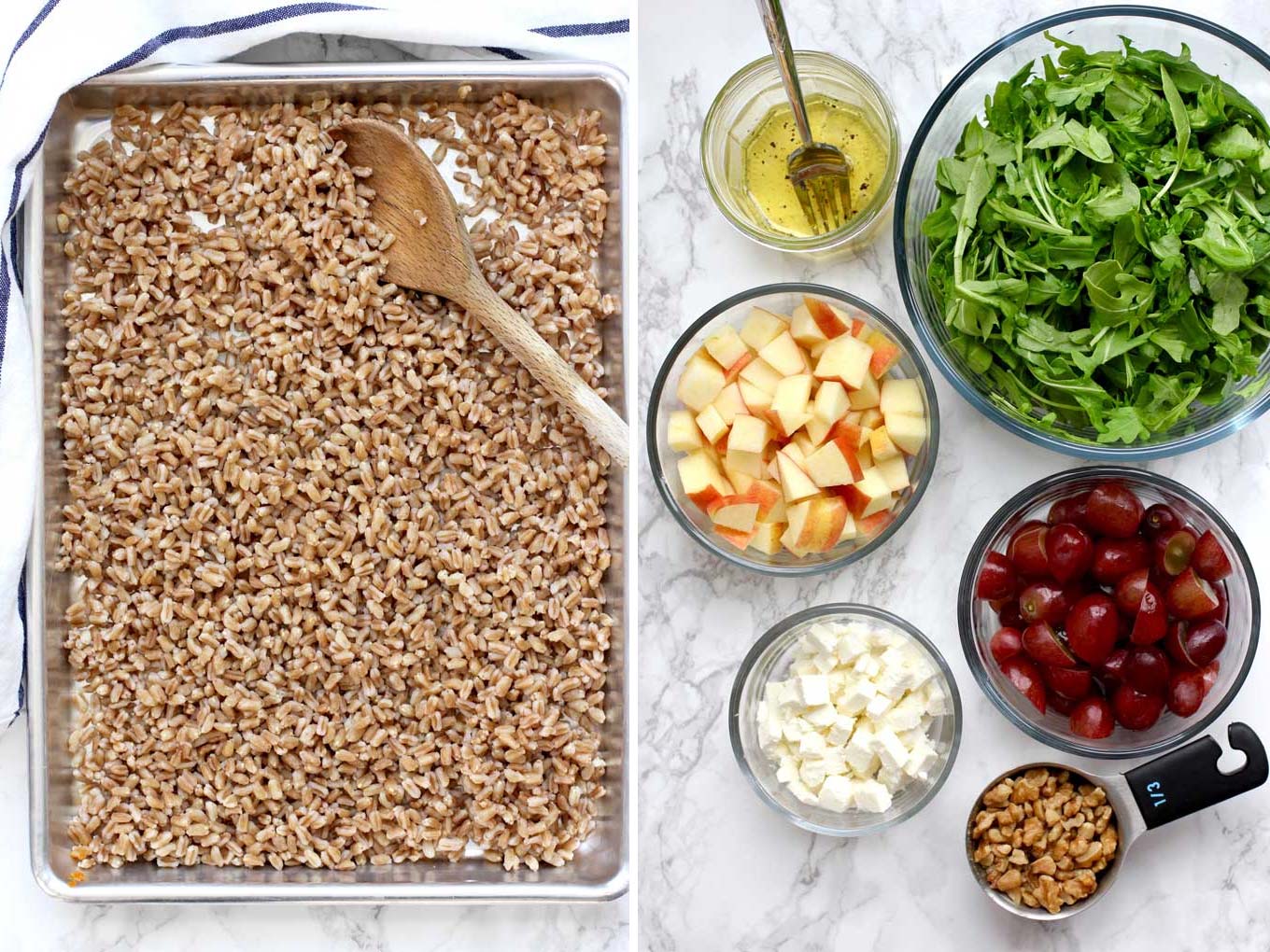 Side by side photo of cooked farro and salad ingredients - grapes, apples, feta cheese, arugula, walnuts and dressing.
