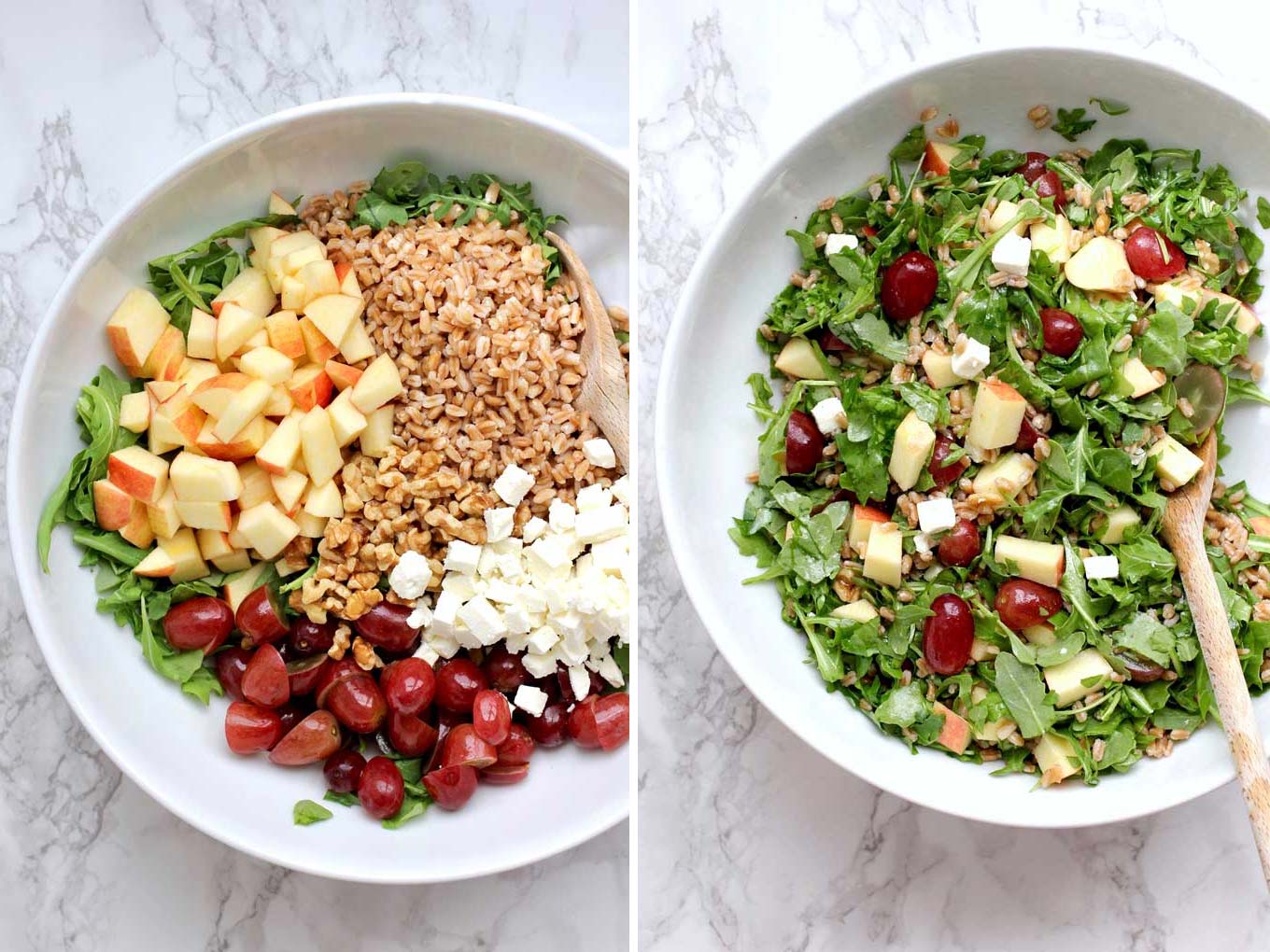 Side by side photos of farro salad ready to toss and farro tossed. In white bowl with a wooden spoon.