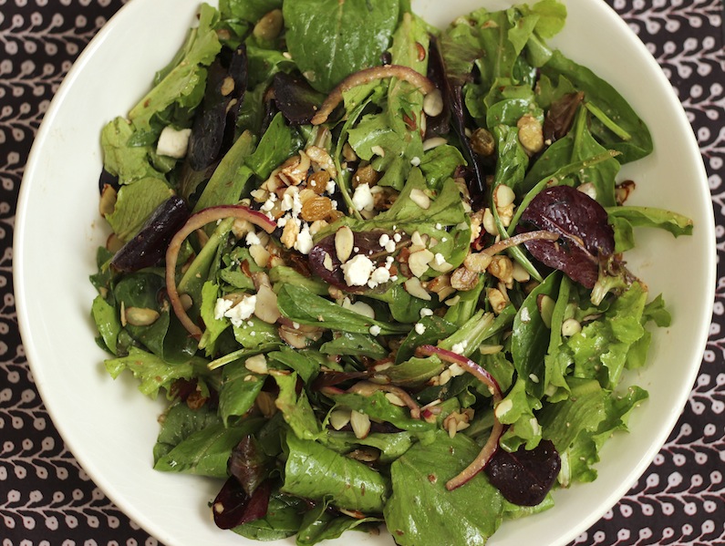 Green Salad with Feta, Golden Raisins and Almonds