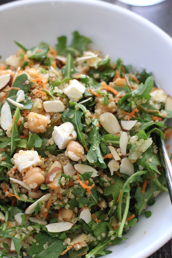 Quinoa Salad with Chickpeas Arugula Feta and Almonds | Green Valley Kitchen