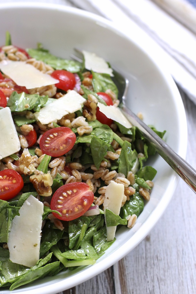 Farro with cherry tomatoes spinach and shaved parmesan | greenvalleykitchen.com