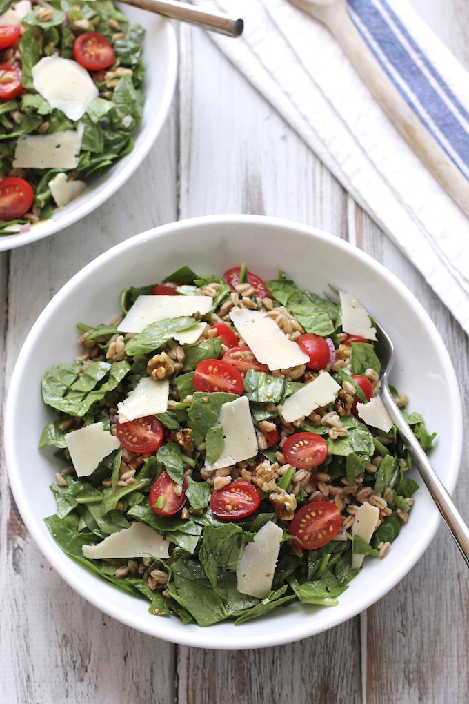 Farro with cherry tomatoes spinach and shaved parmesan | Green Valley Kitchen