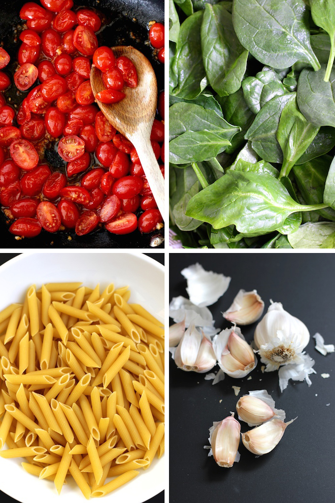 Pasta with sautéed cherry tomatoes and spinach