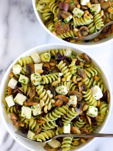 Pasta with Mushrooms Olives Feta and Pesto | Green Valley Kitchen