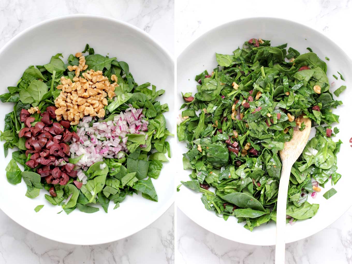 Side by side photo of spinach, olives, walnuts and red onion in a white bowl.