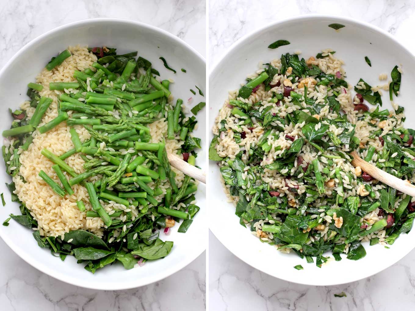 Side by side photos of orzo, asparagus and spinach mixture in a white bowl with a wood spoon.