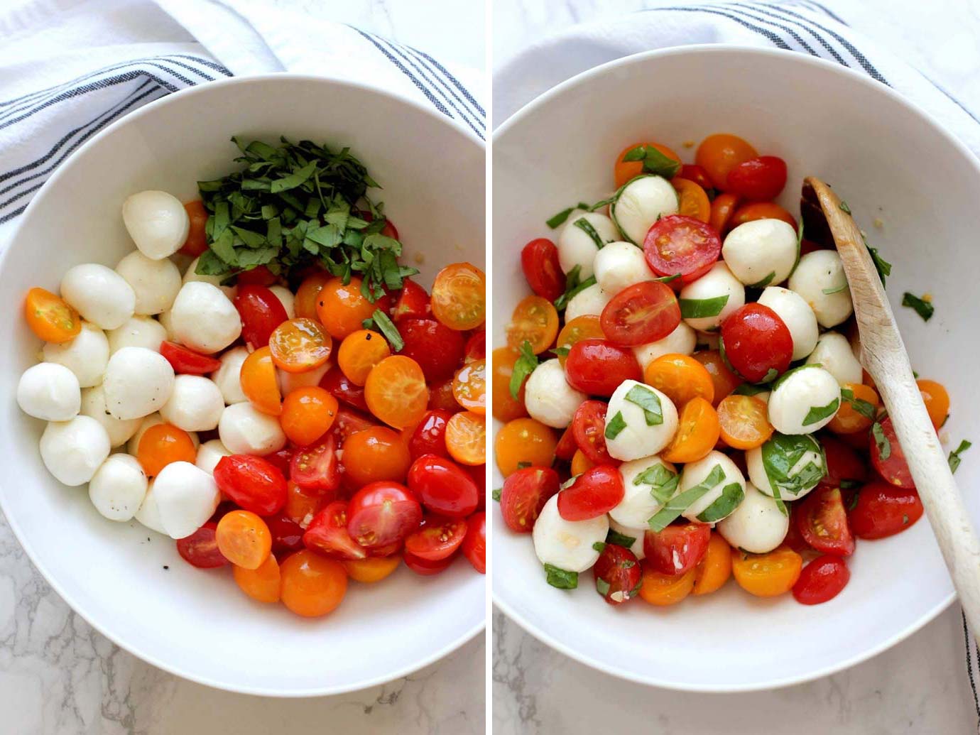 Side by side shot of mozzarella and tomato salad in a bowl and then combined and ready to eat