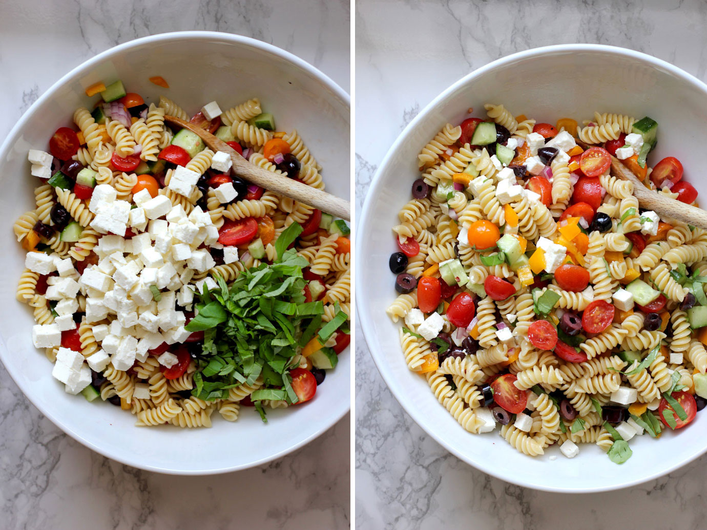 Greek pasta salad in a white bowl. Cheese and basil added and then mixed into salad.