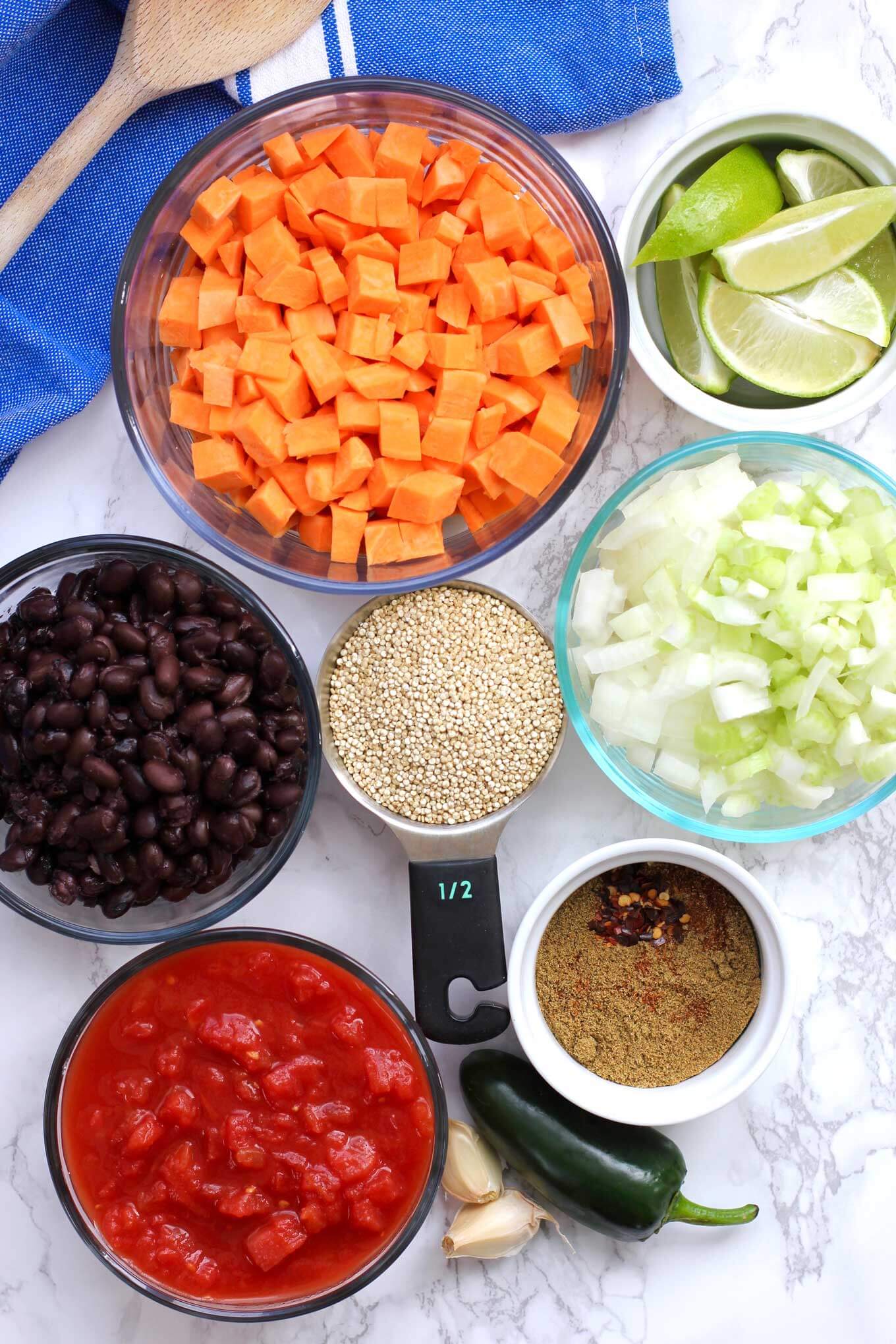 Ingredients to make vegetarian chili.