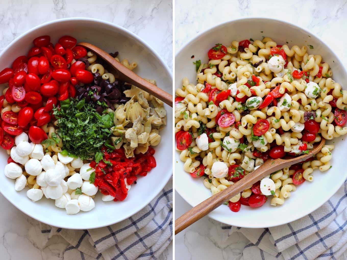 Side by side shot of pasta salad ingredients in a large white bowl and then salad ingredients tossed with a wooden spoon.
