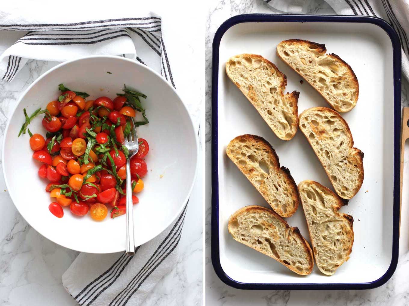 Side by side images of red and orange cherry tomatoes in a white bowl and six pieces of toast on a white pan with a blue edge.